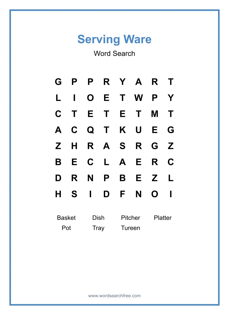 Serving Ware Word Search - Free printable puzzle with 7 words
