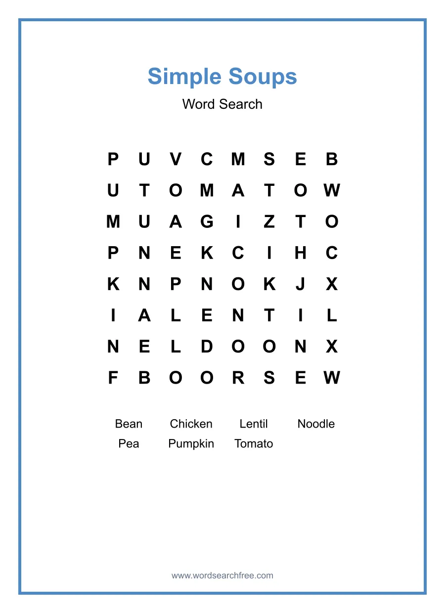 Simple Soups Word Search - Free printable puzzle with 7 words