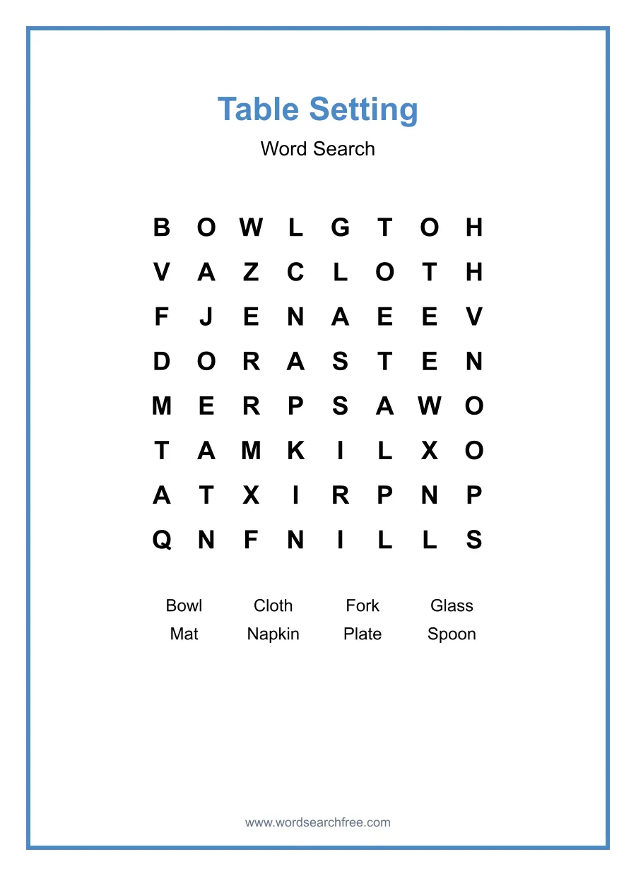 Table Setting Word Search - Free printable puzzle with 8 words