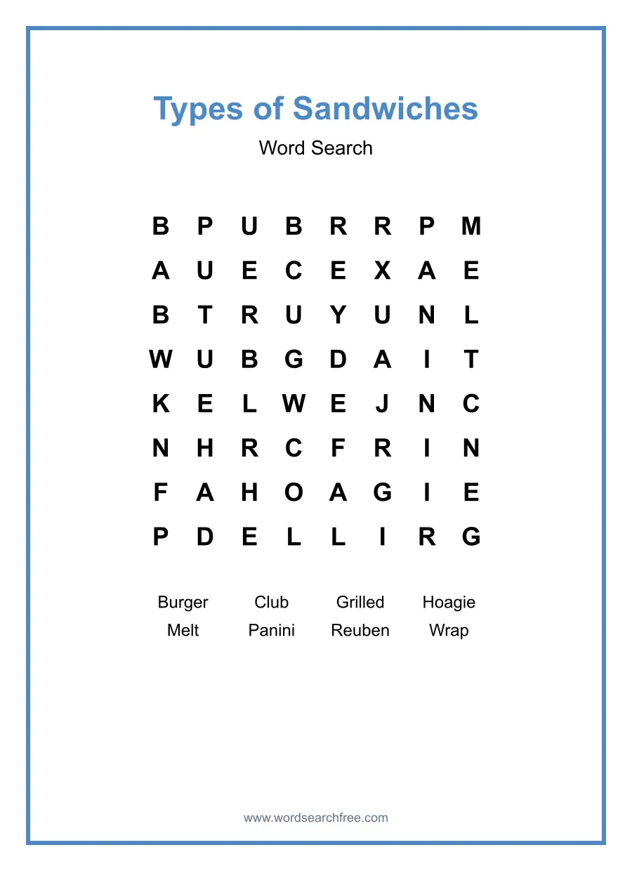 Types of Sandwiches Word Search - Free printable puzzle with 8 words